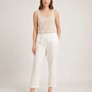 Petite Linen Pants White Elastic Waist Women PL Cropped